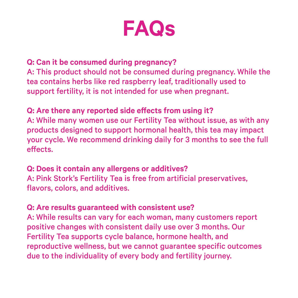 Pink Stork Fertility Tea label highlights organic herbs and caffeine-free use.