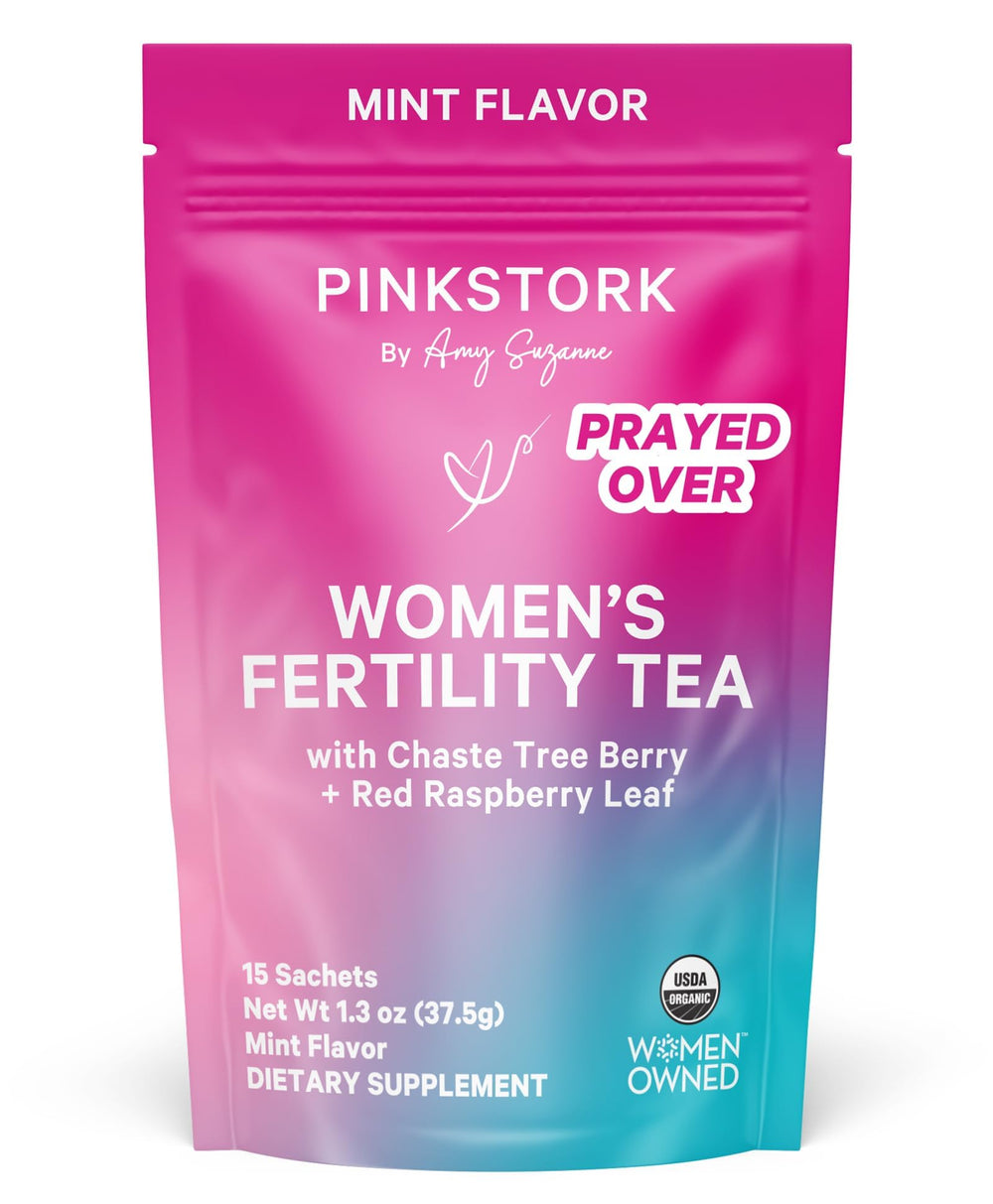Pink Stork Fertility Tea packaging promotes preconception wellness.
