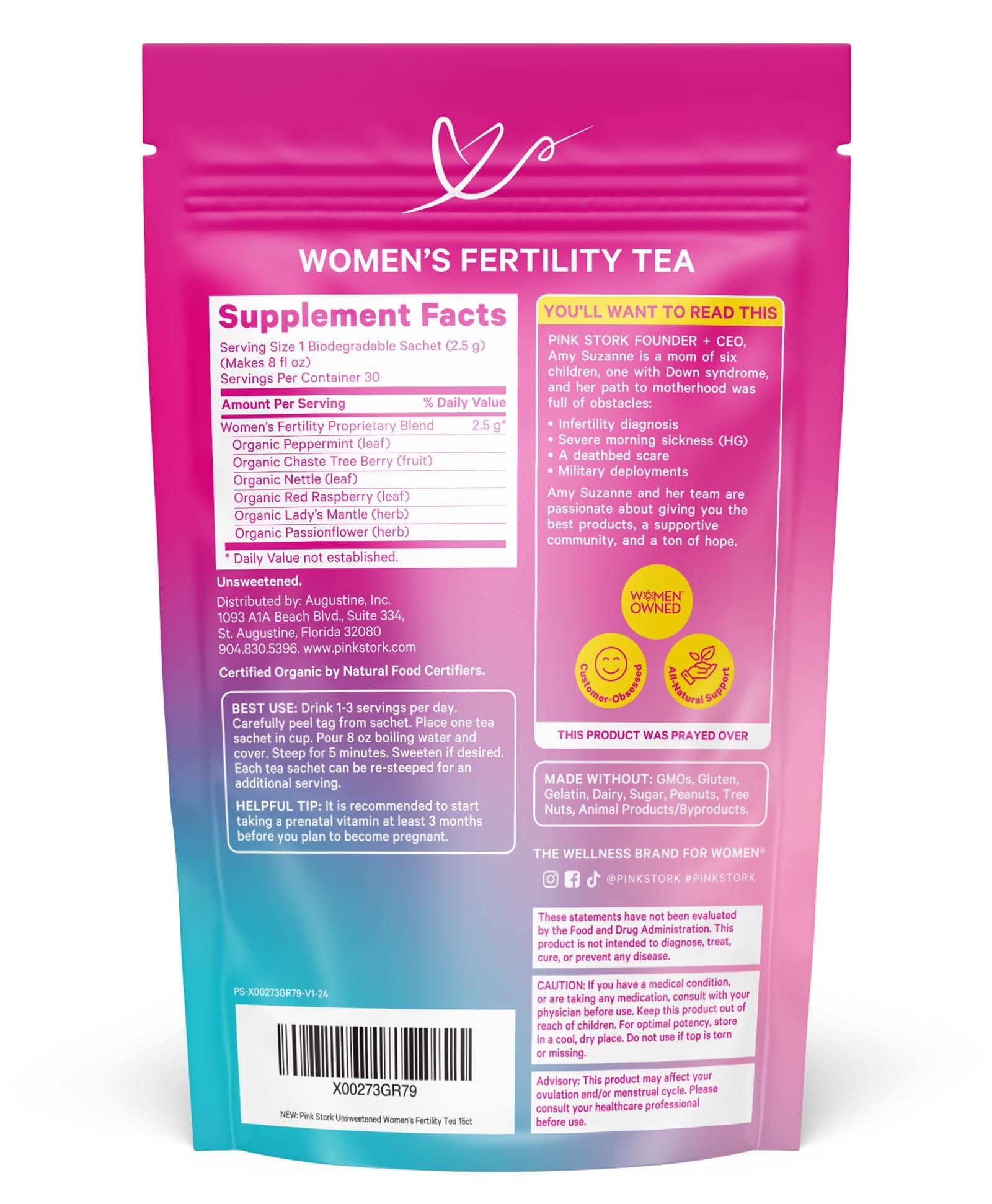 Pink Stork Fertility Tea sachets close-up with organic herbs.