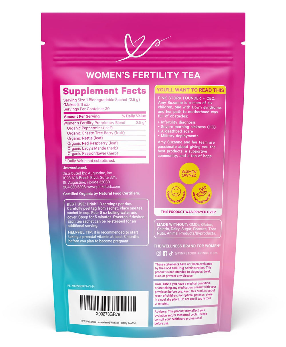 Pink Stork Fertility Tea sachets close-up with organic herbs.