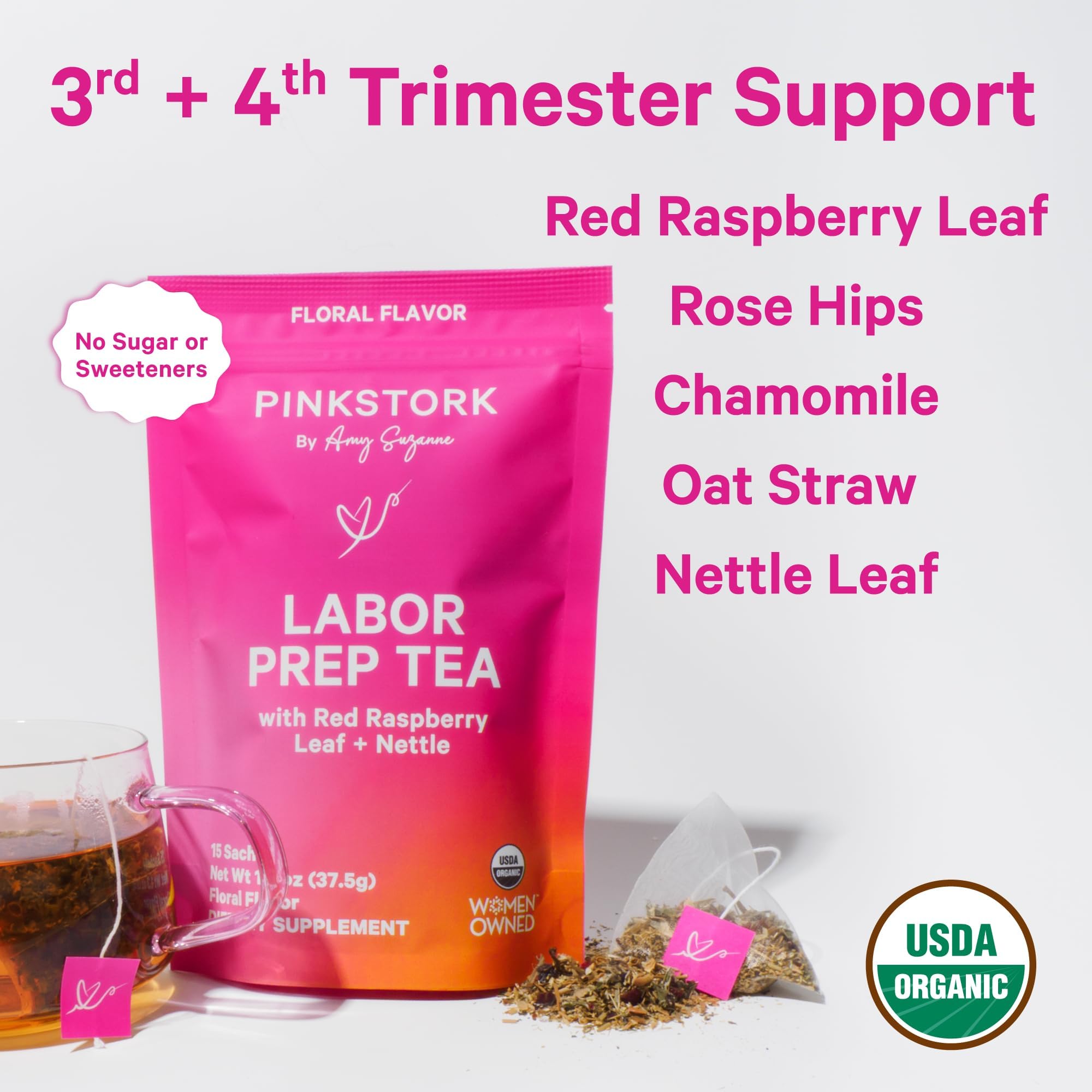 Dried herbs of Pink Stork tea: raspberry leaf, chamomile, rosehip