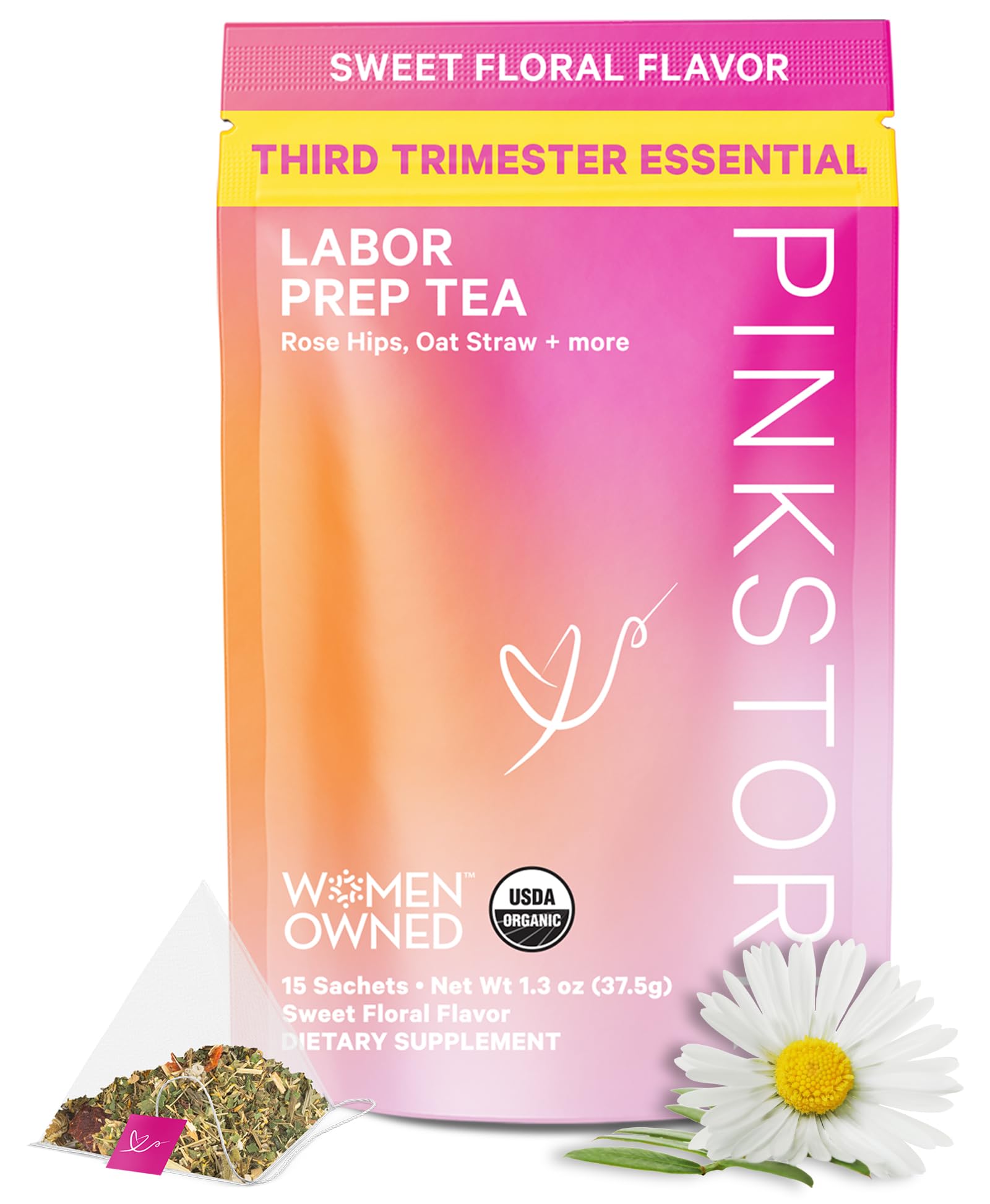Pink Stork Labor Prep Tea packaging with sachets for daily ritual.