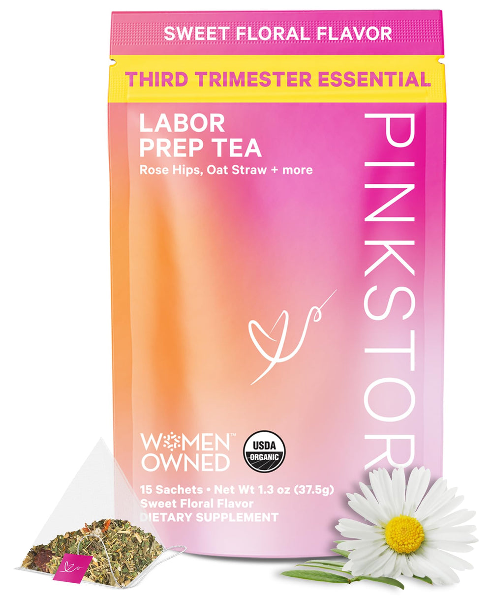 Pink Stork Labor Prep Tea packaging with sachets for daily ritual.