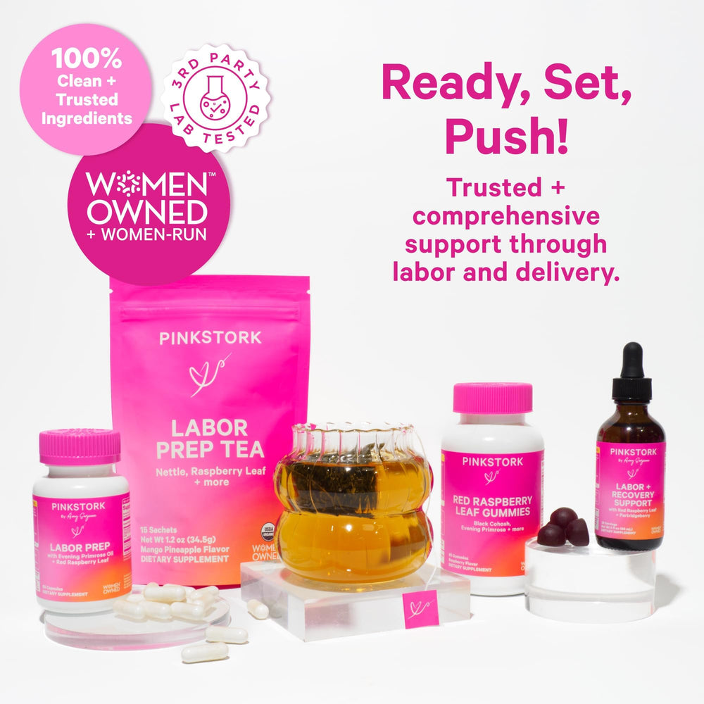 Flat lay of Pink Stork tea sachets in eco-friendly packaging