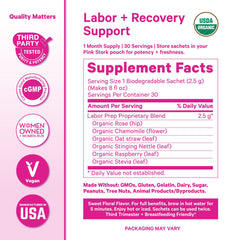 Pink Stork Labor Prep Tea sachets close-up showing raspberry leaf and chamomile for calming tea.