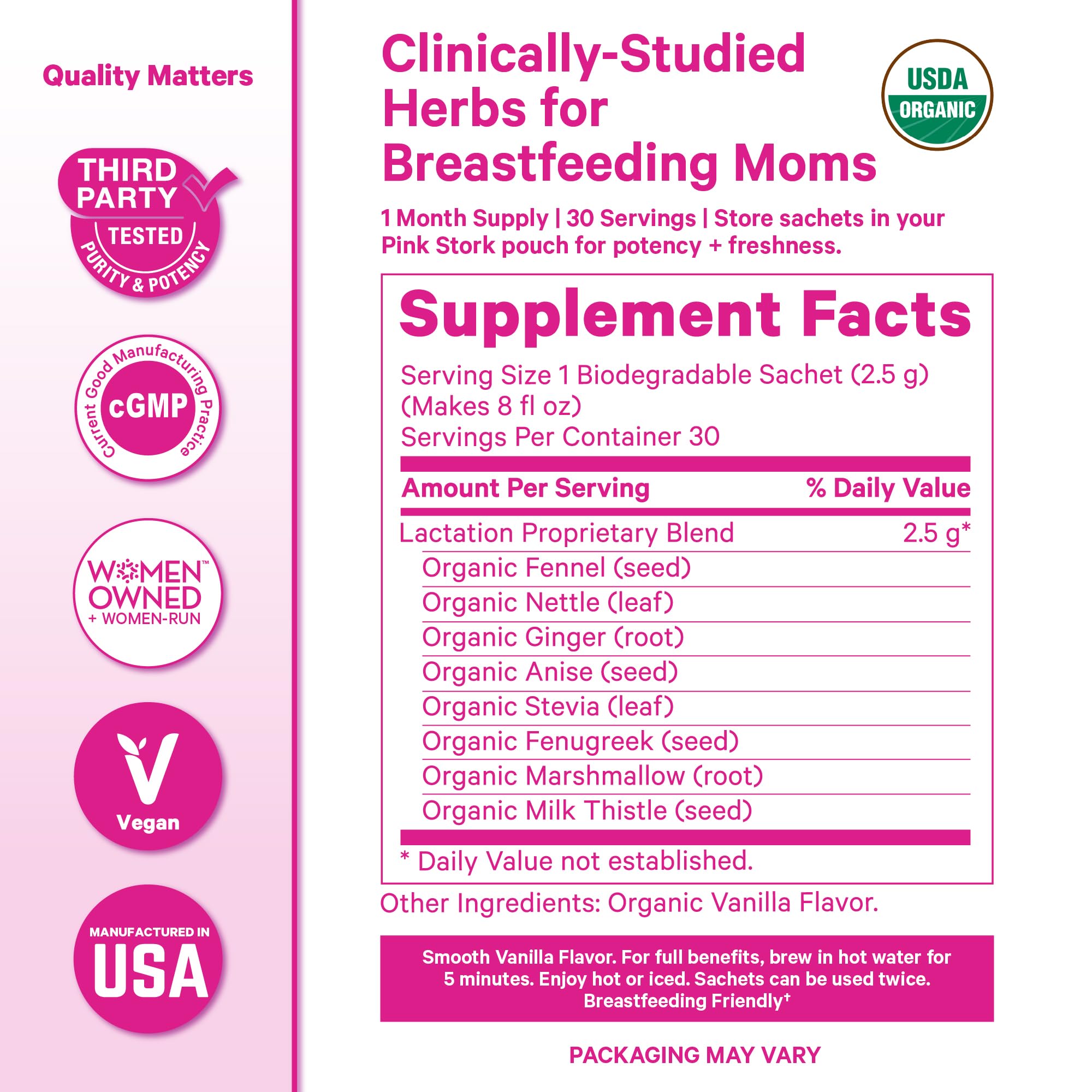 Pink Stork lactation tea hot cup showcasing vanilla flavor and hydration.
