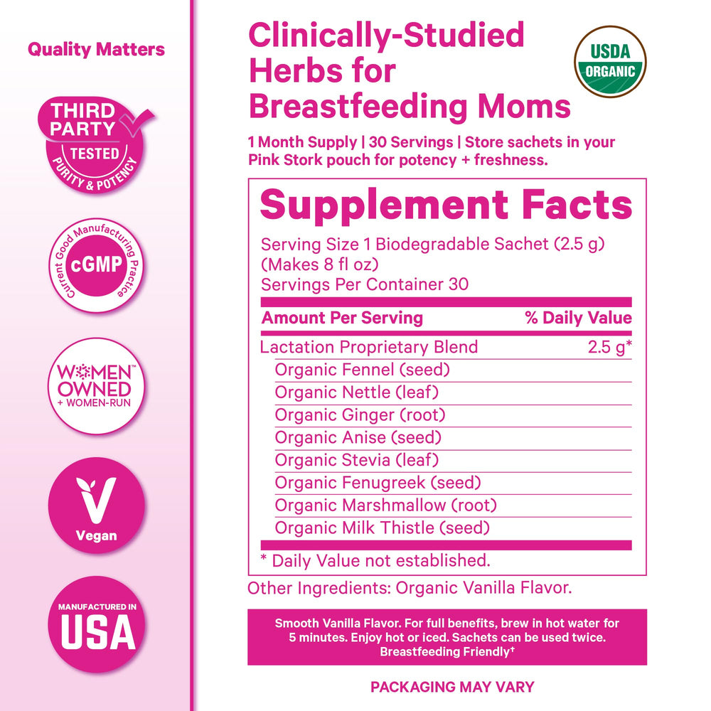 Pink Stork lactation tea hot cup showcasing vanilla flavor and hydration.