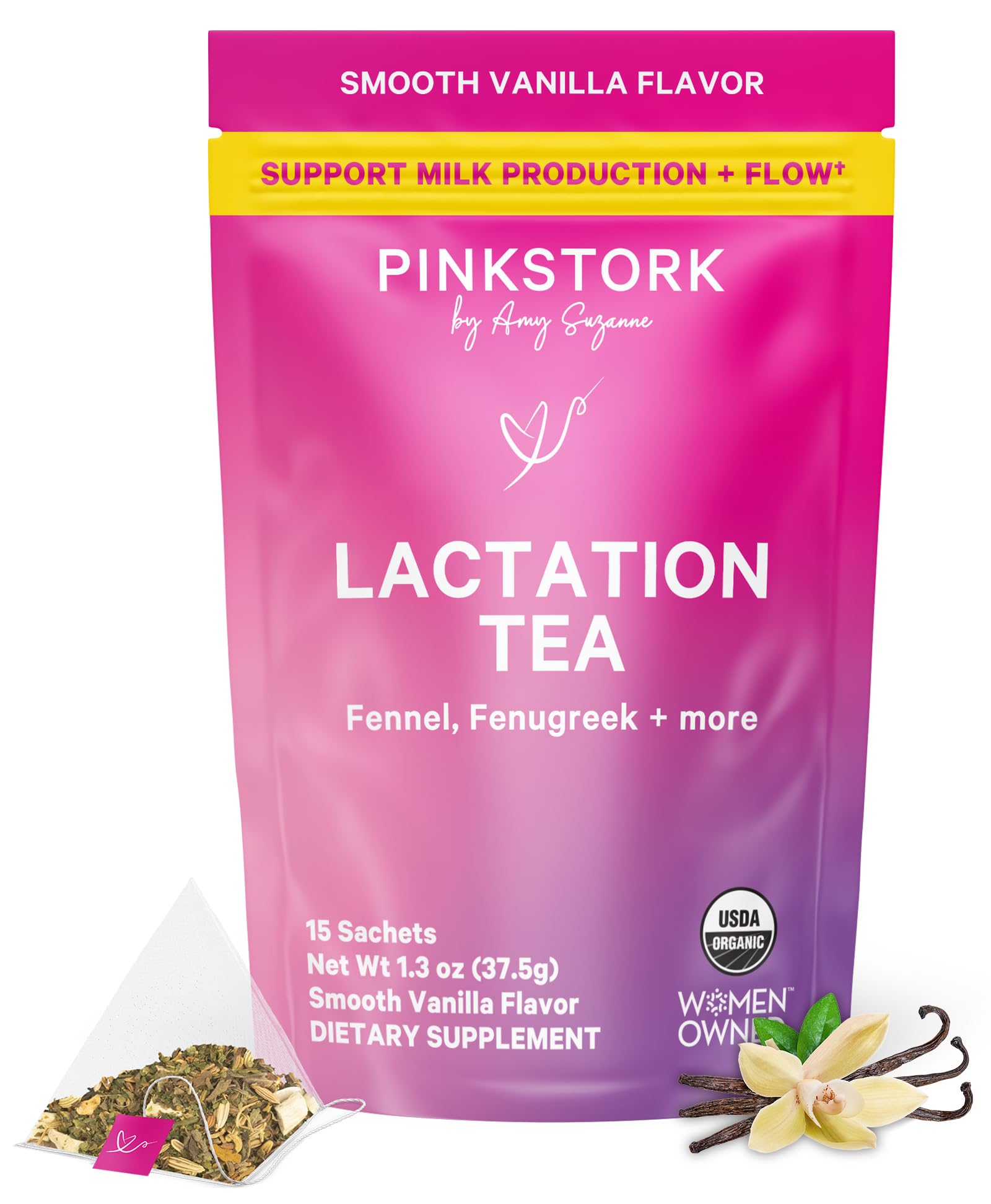 Pink Stork lactation tea sachet pack for convenient breastfeeding support.