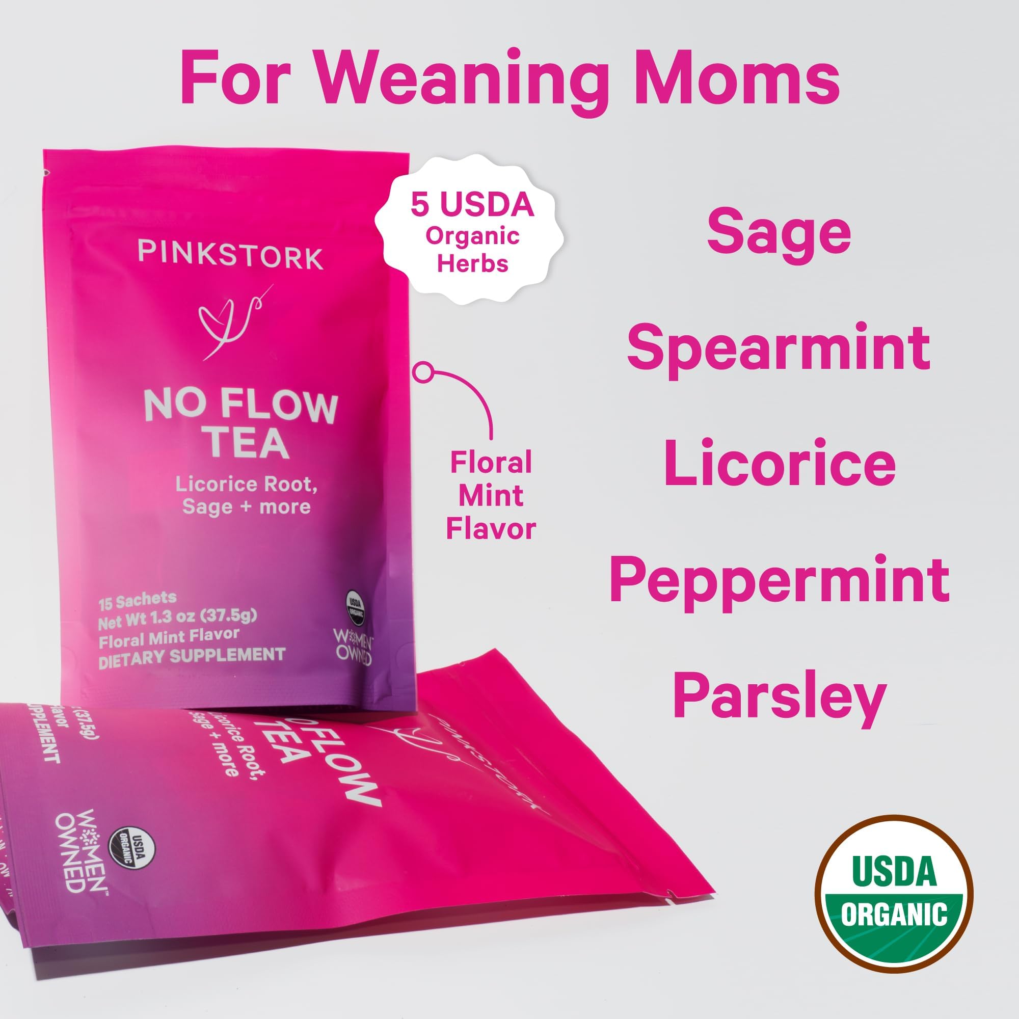 Pink Stork No Flow steeping in hot water shows natural ingredients like sage and mint.