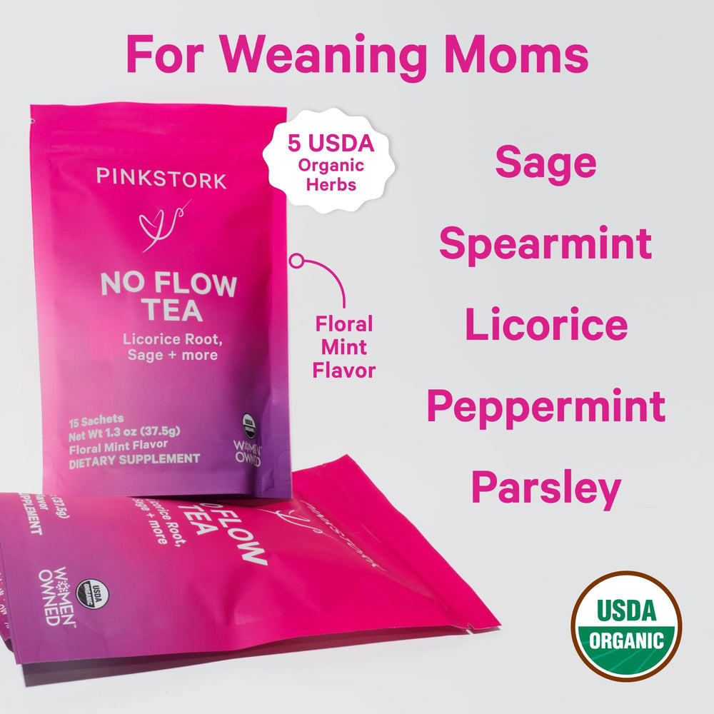Pink Stork No Flow steeping in hot water shows natural ingredients like sage and mint.