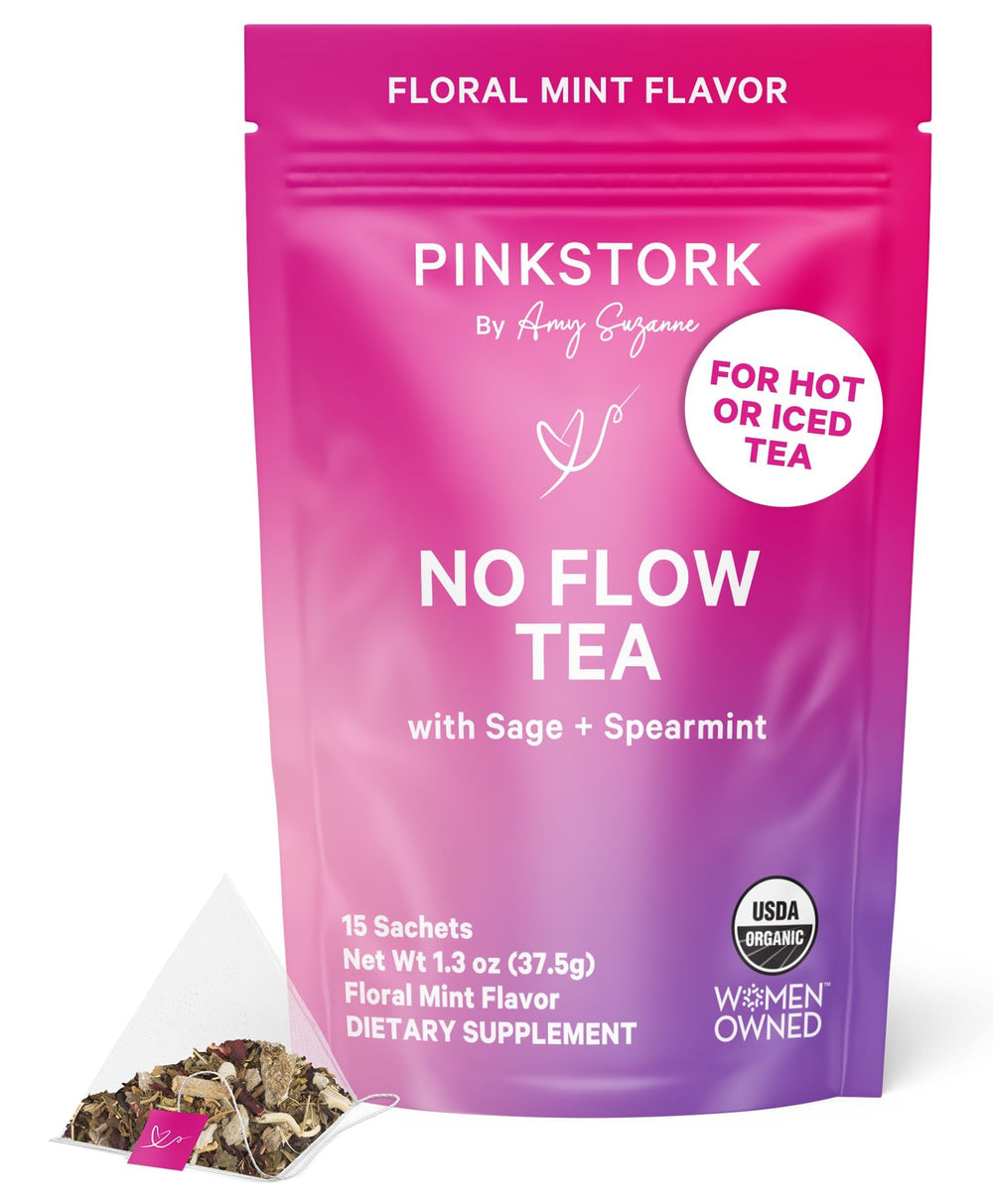Pink Stork No Flow tea bag closeup demonstrates the herbal blend to help dry up milk supply.