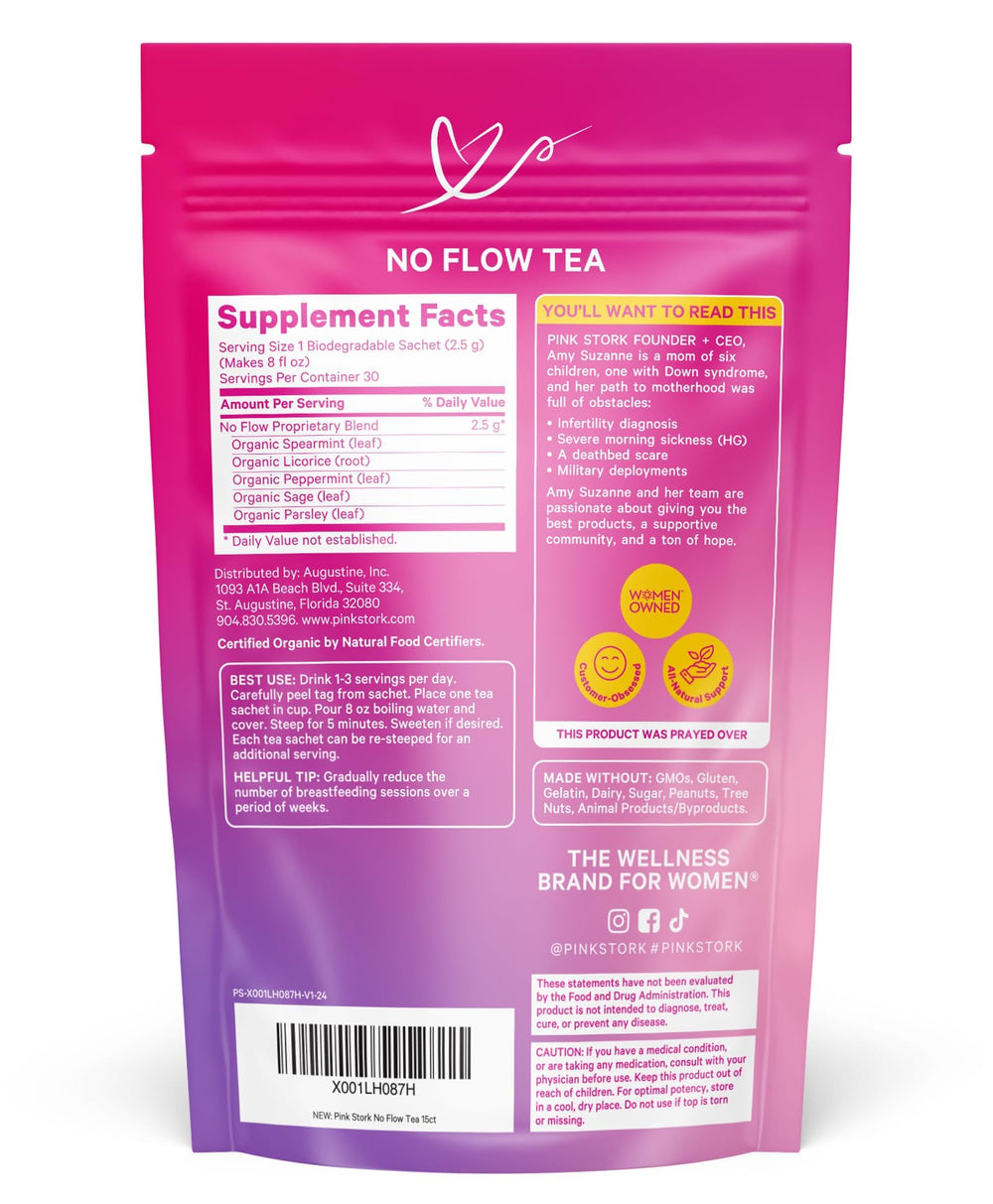 Pink Stork No Flow tea being poured into a glass highlights a soothing, caffeine-free routine.