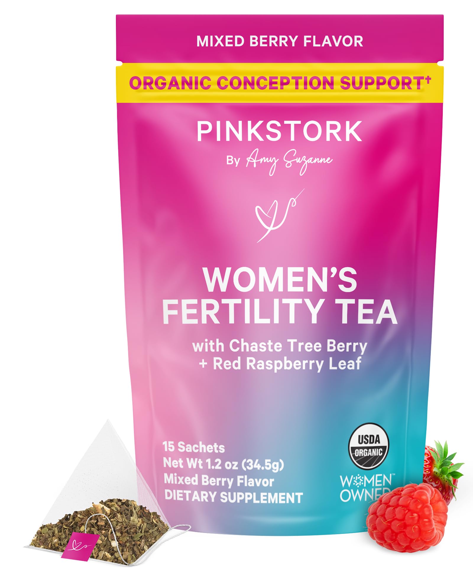 Pink Stork Fertility Tea mixed berry sachet for cycle support.