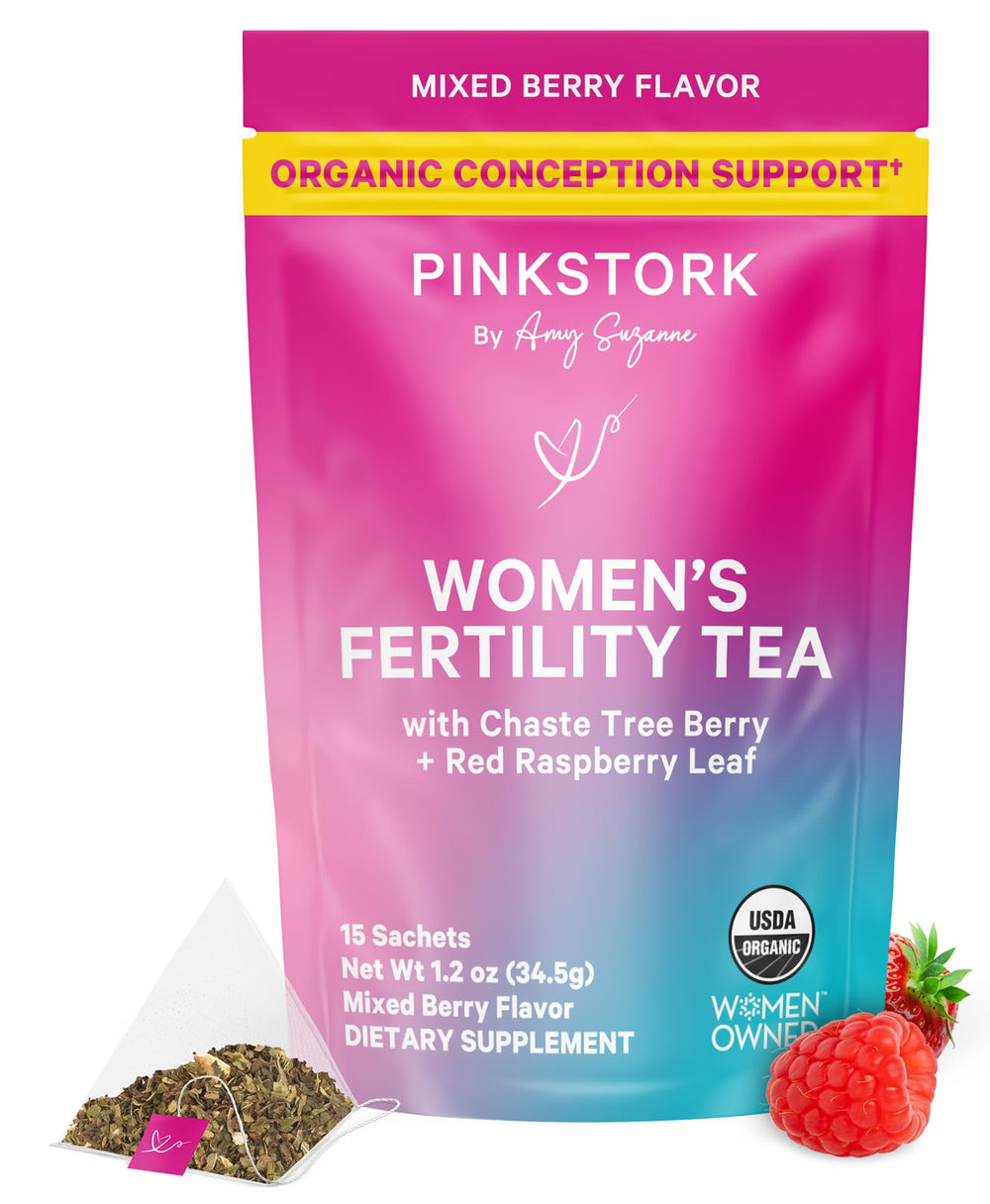 Pink Stork Fertility Tea mixed berry sachet for cycle support.