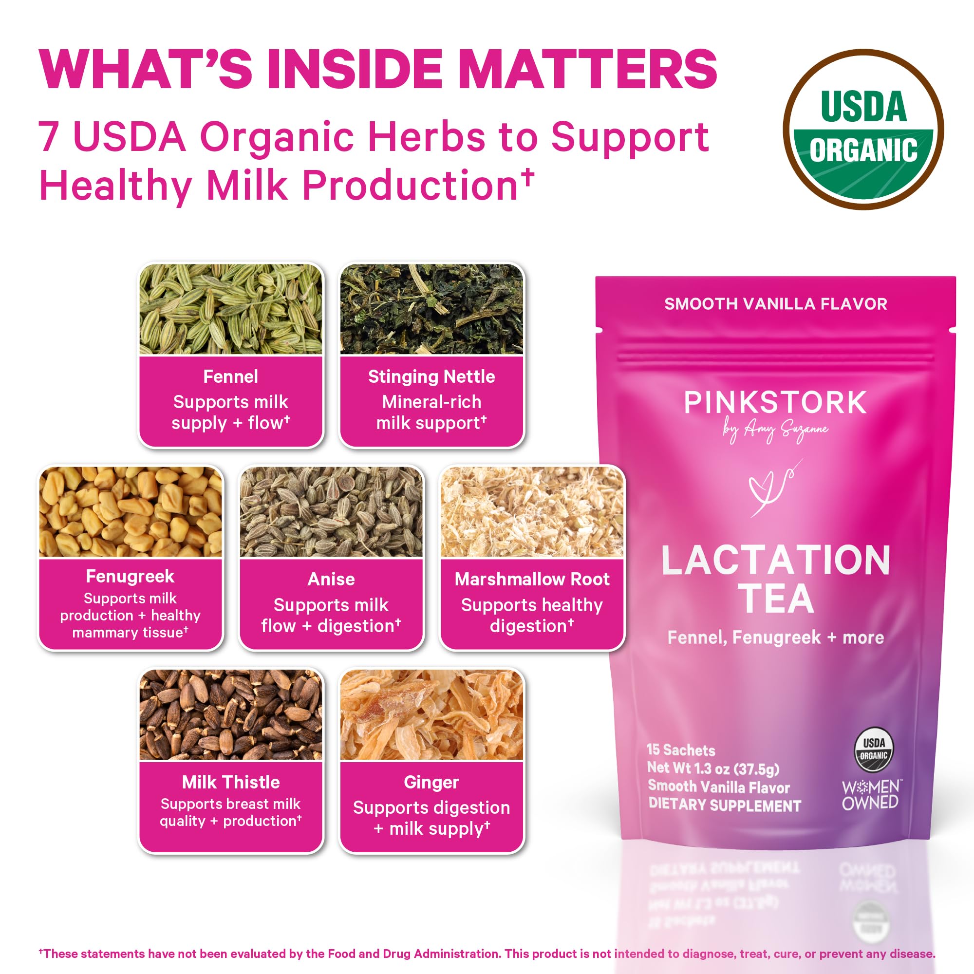 Pink Stork Organic Herbal Blend sachets with fenugreek and fennel.