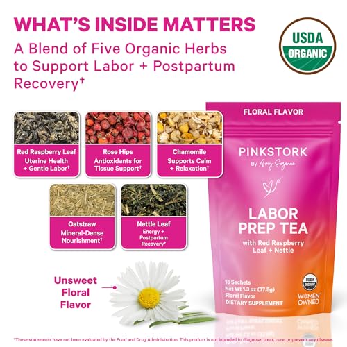 Bright kitchen scene with Pink Stork Organic Labor Prep Tea banner