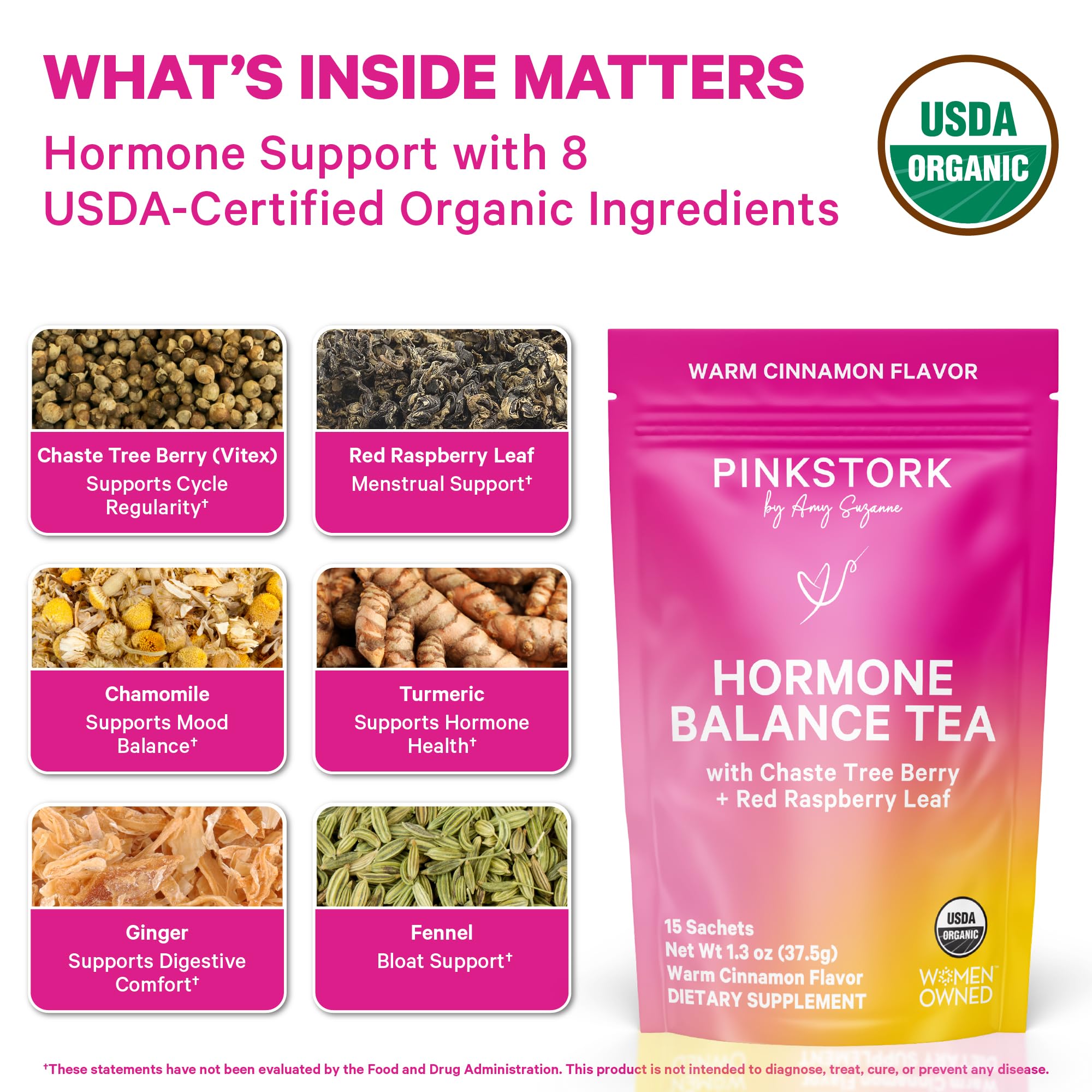 Pink Stork Organic Tea Ingredients label showing non-GMO botanicals.
