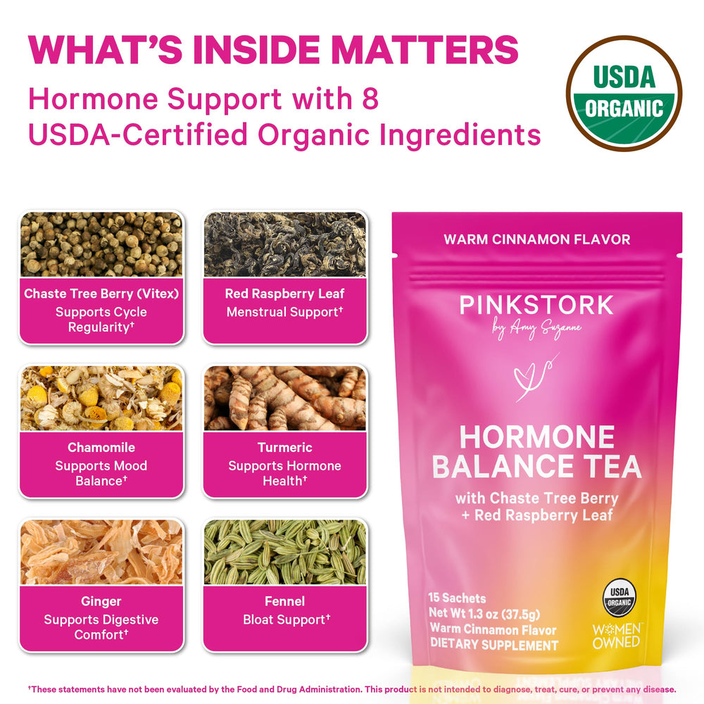 Pink Stork Organic Tea Ingredients label showing non-GMO botanicals.