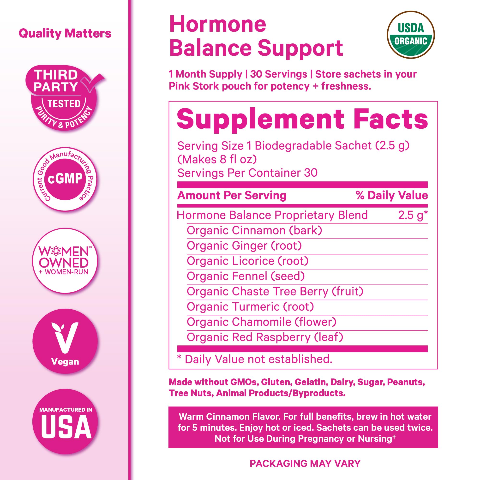 Pink Stork Red Raspberry Leaf Tea Bag with organic ingredients for cycle comfort.