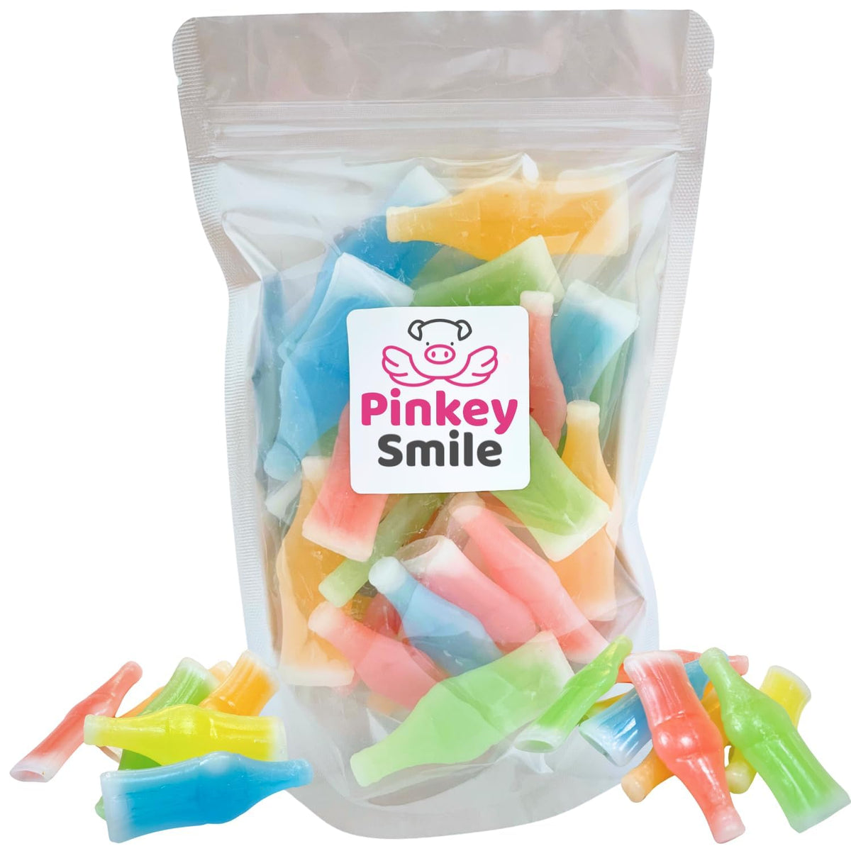 Pinkey Smile Wax Bottle Candy Drink with bite-sized bottles and fruity flavors for parties