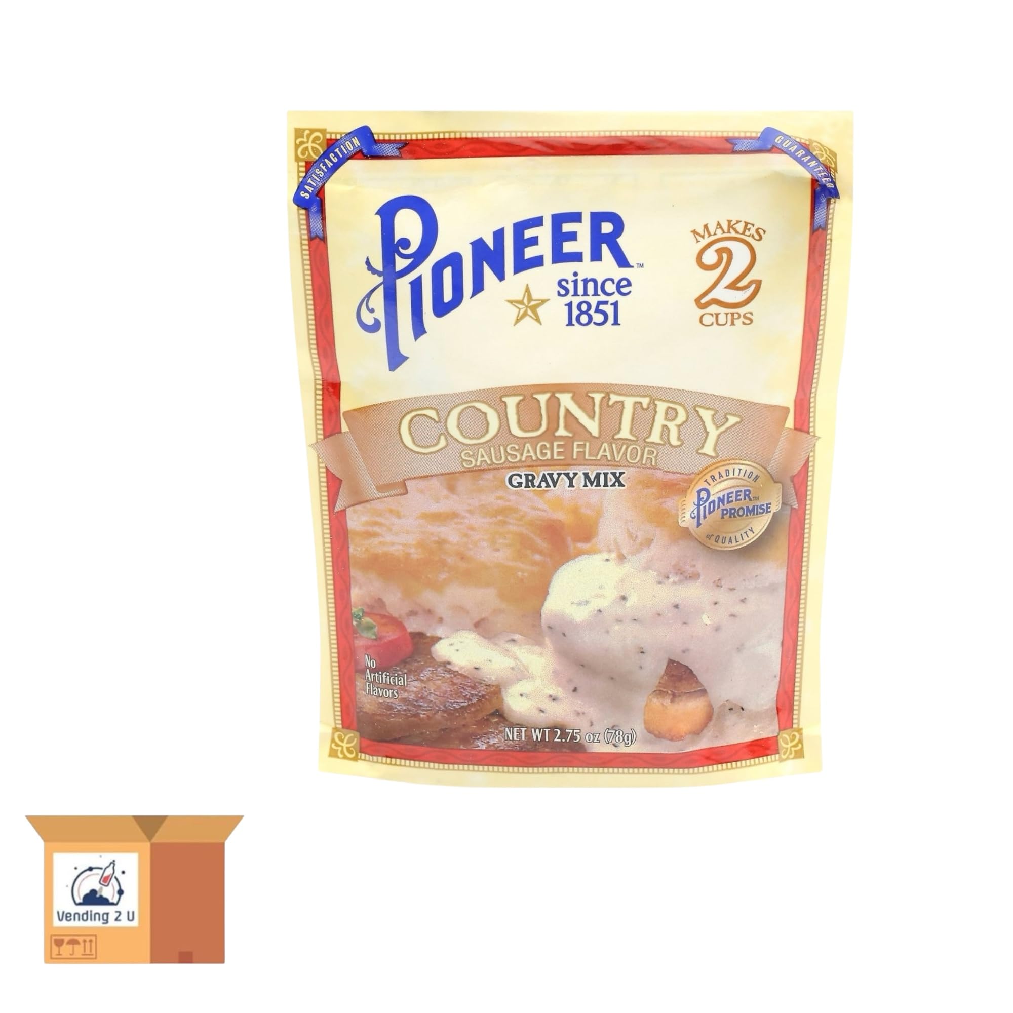 Pioneer Country Sausage Gravy Mix box with packets for pantry storage.