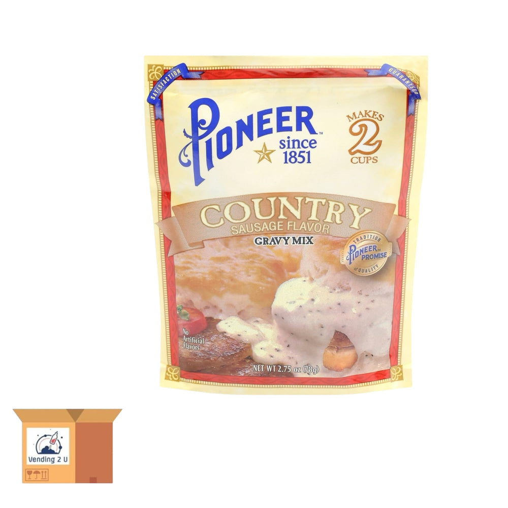 Pioneer Country Sausage Gravy Mix box with packets for pantry storage.