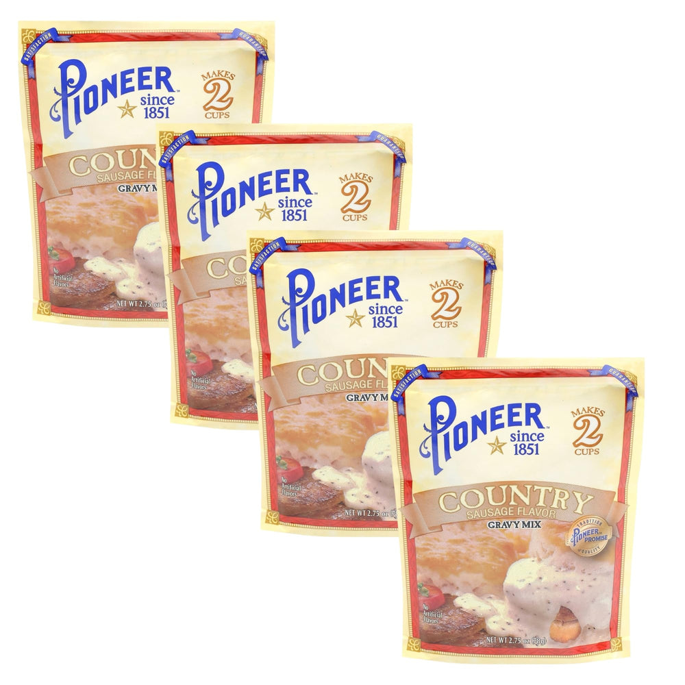 Pioneer Country Sausage Gravy Mix packets shown for quick, savory breakfast base.
