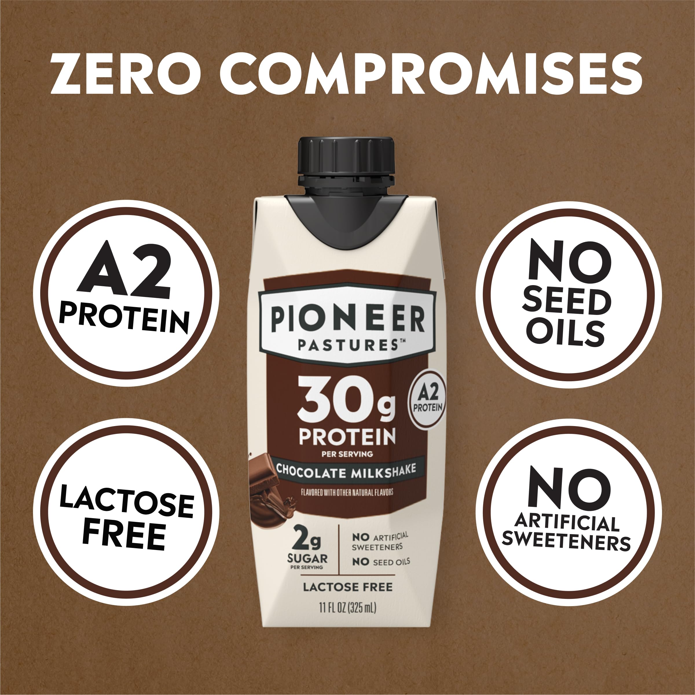Pioneer Pastures A2 milkshake ingredients panel highlights no artificial sweeteners