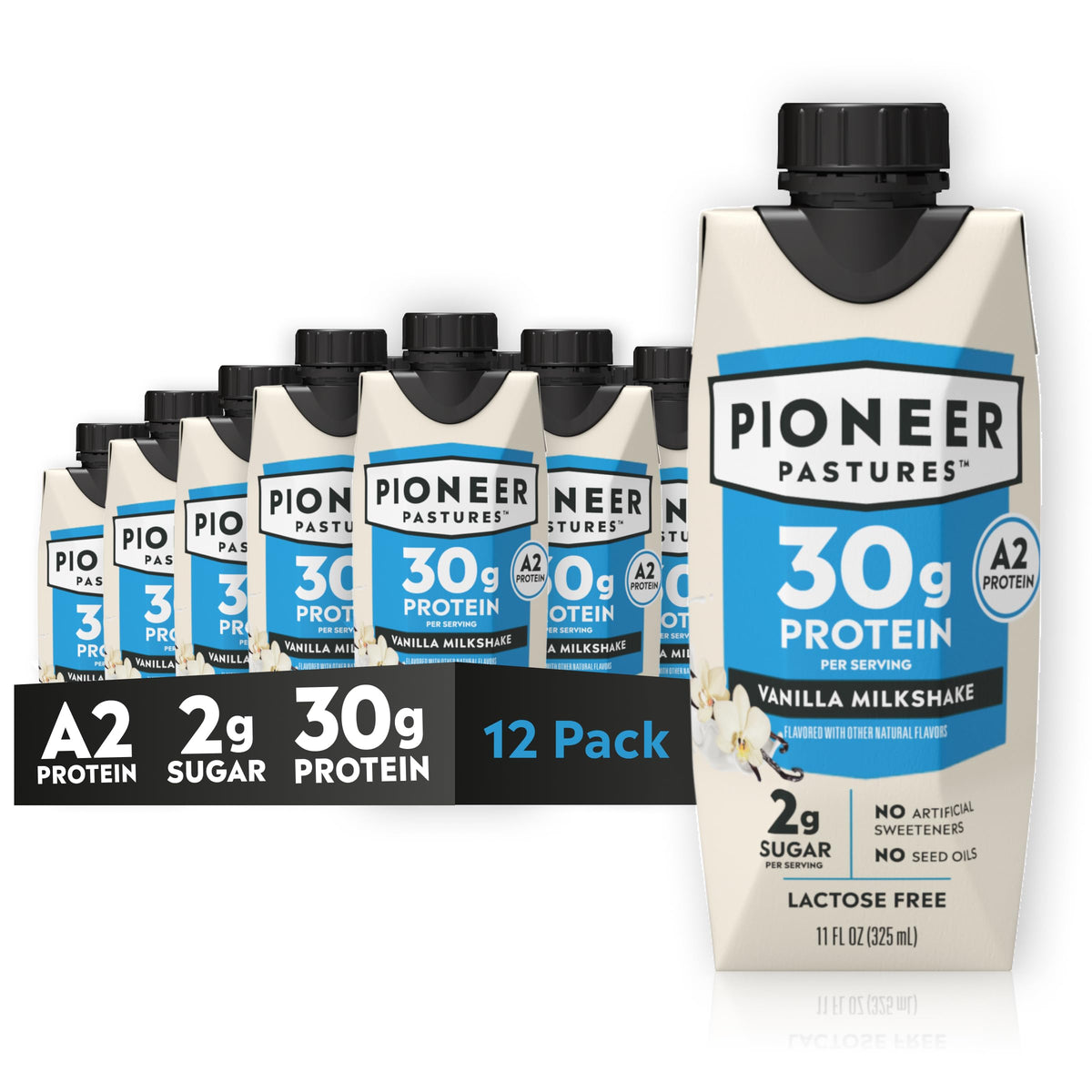 Pioneer Pastures A2 Milkshake Vanilla bottle for on-the-go high-protein nutrition.