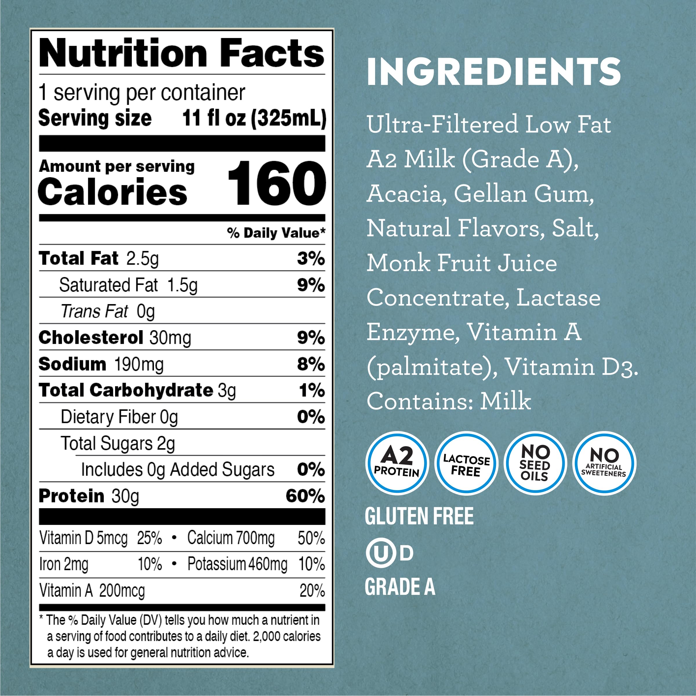 Pioneer Pastures A2 Milkshake Vanilla ingredients highlight clean dairy with no artificial sweeteners.