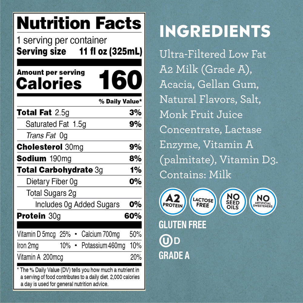 Pioneer Pastures A2 Milkshake Vanilla ingredients highlight clean dairy with no artificial sweeteners.