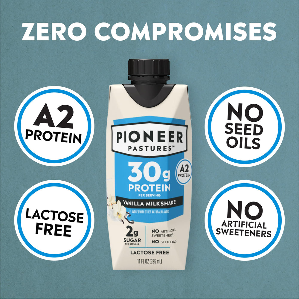 Pioneer Pastures A2 Milkshake Vanilla nutrition label shows 30g protein per serving.