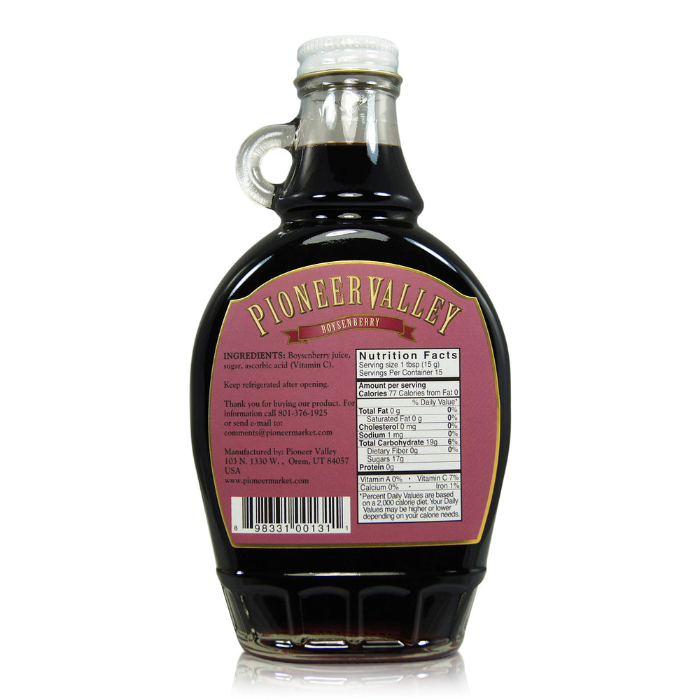 Close-up of Pioneer Valley Boysenberry Fancy Syrup jar with real ingredients.