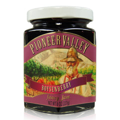 Pioneer Valley Fancy Boysenberry Jam jar ready to spread on toast for rich fruit flavor.