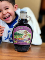 Pioneer Valley Boysenberry Fancy Syrup on pancakes for a berry breakfast.