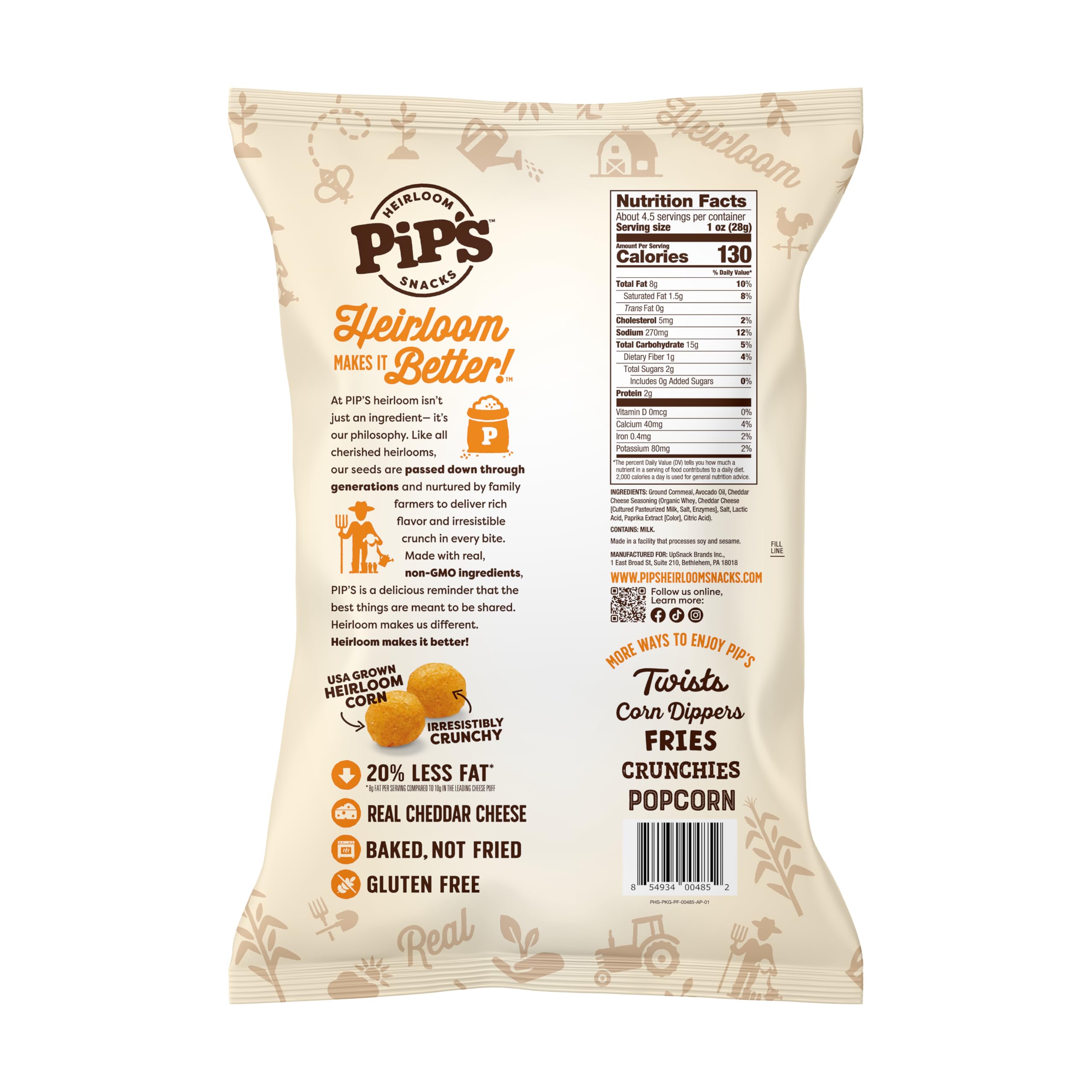 Pipcorn cheddar-crunch snack close-up highlighting baked, non-fried texture.