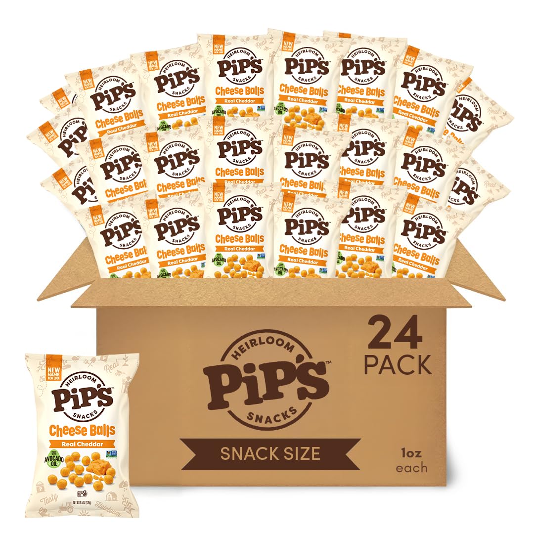 Pipcorn Heirloom Cheddar Cheese Balls 1oz 24-pack, ready for shareable snacking.