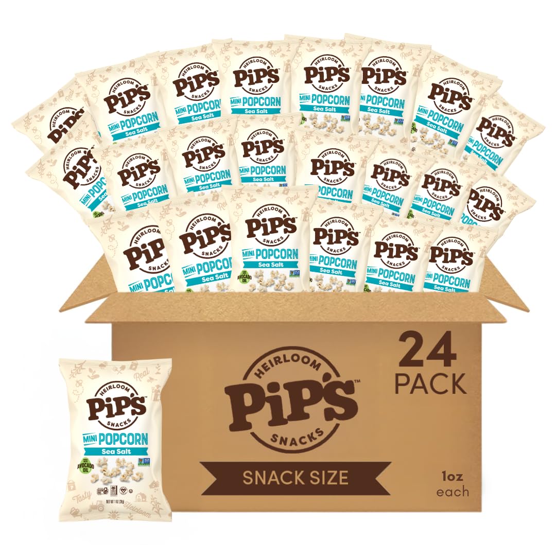 Pipcorn heirloom sea salt mini popcorn 1oz bag ideal for on-the-go snacking.