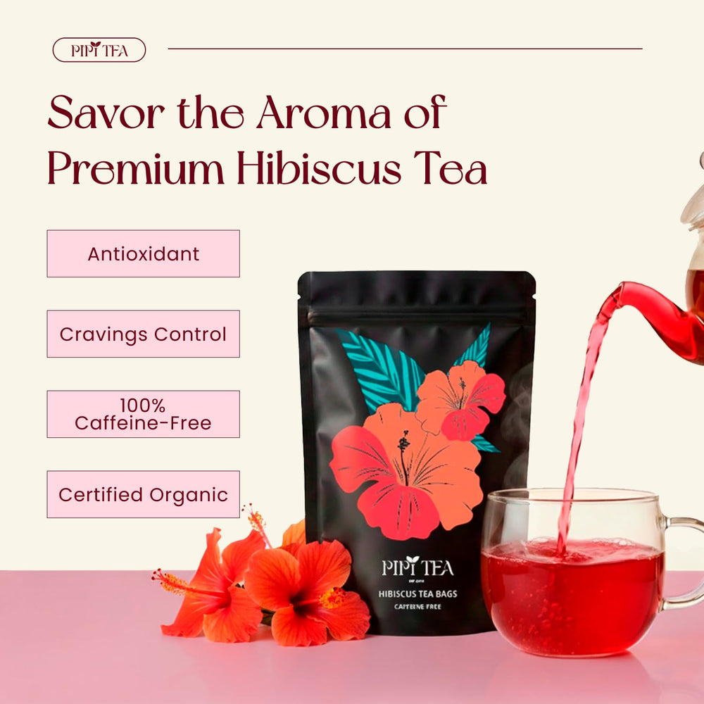 PiPi Tea hibiscus tea bags closeup highlighting vibrant color and antioxidant-rich appeal