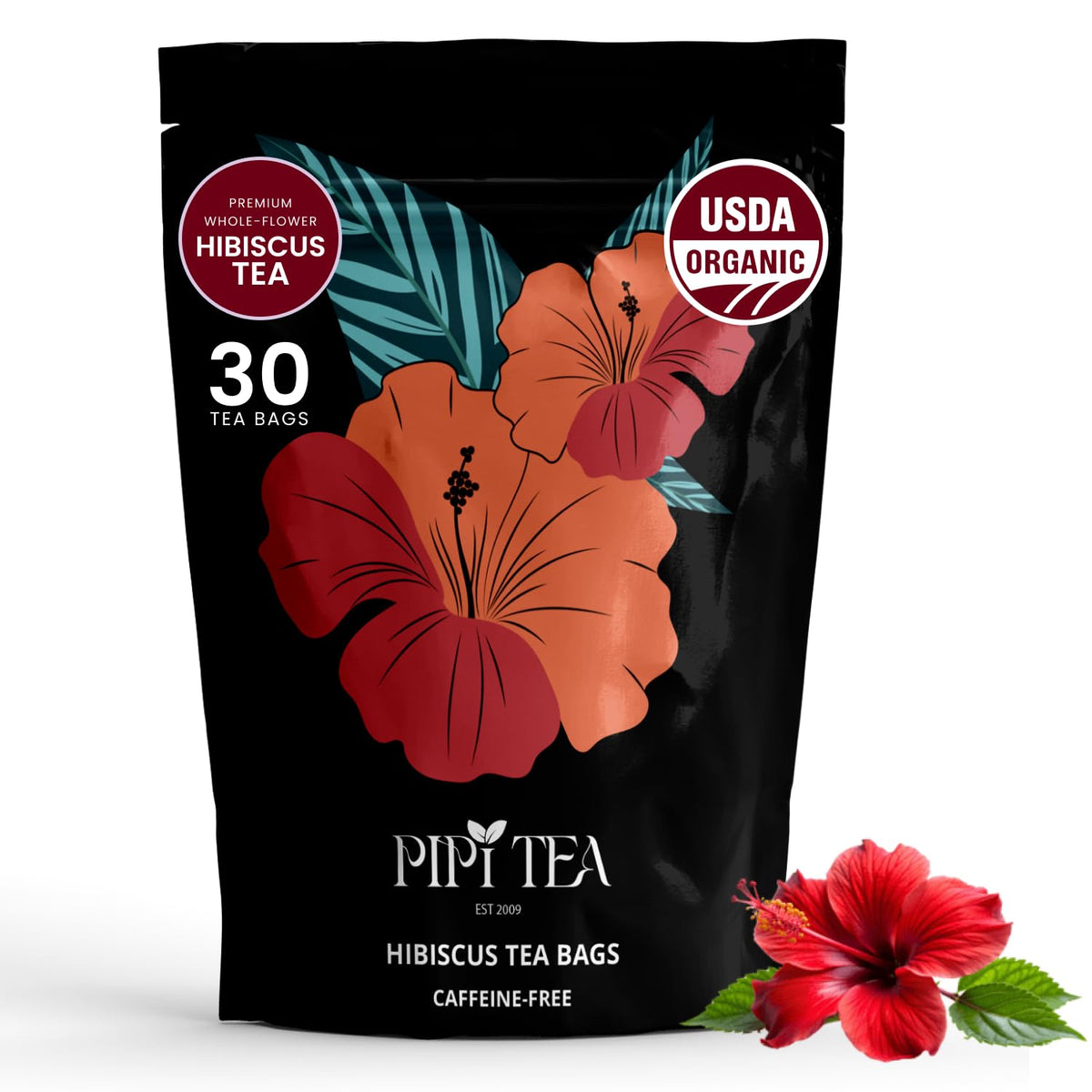 PiPi Tea Organic Hibiscus Tea Bags packaging showing premium, clean ingredients for daily wellness
