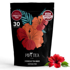 PiPi Tea Organic Hibiscus Tea Bags packaging showing premium, clean ingredients for daily wellness