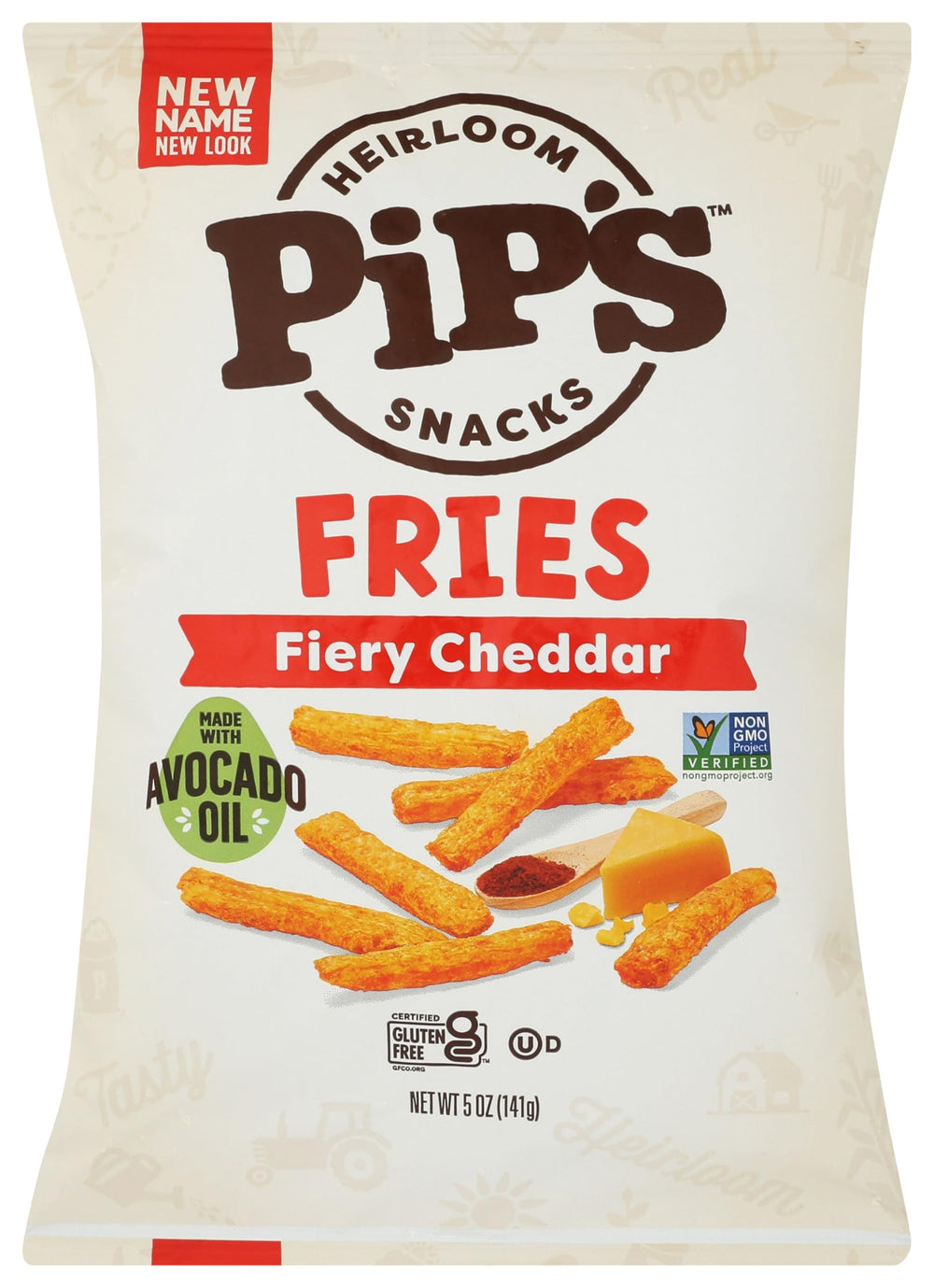 Pips Fries Fiery Cheddar pack shot highlighting premium ingredients and bold flavor.