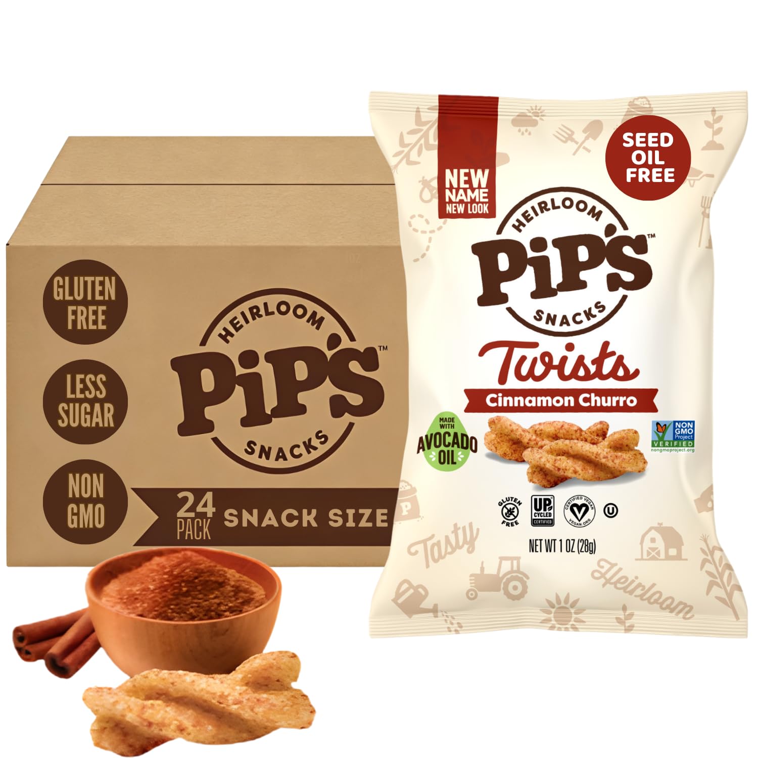 Pip's Heirloom Cinnamon Churro Twists packaging for on-the-go gluten-free snacking.