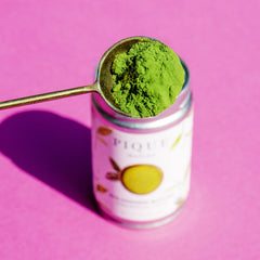 PIQUE Kagoshima origin matcha, shaded leaves enhancing l-theanine for balanced calm.