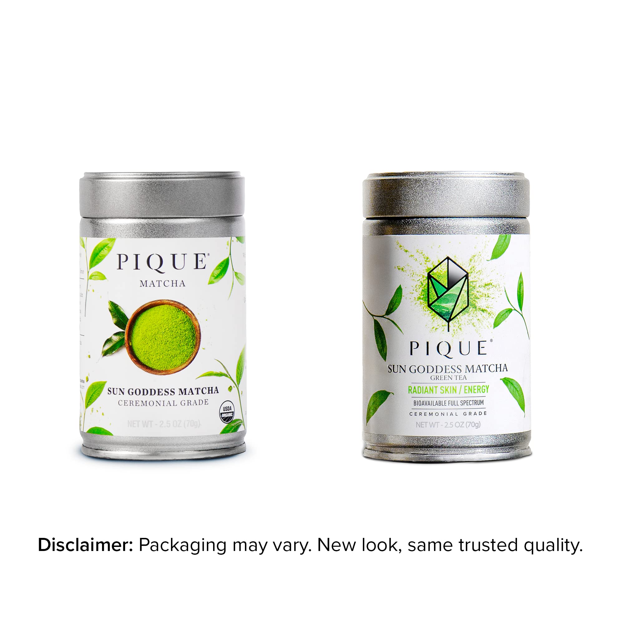 PIQUE Organic first-harvest matcha powder, bright emerald color ideal for lattes and smoothies.