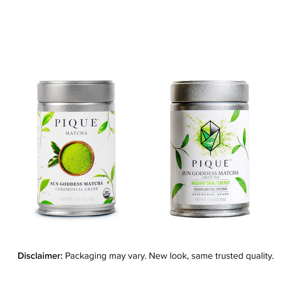 PIQUE Organic first-harvest matcha powder, bright emerald color ideal for lattes and smoothies.