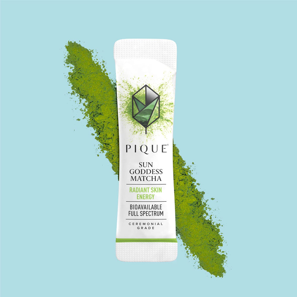 PIQUE matcha box note about amino acids like theanine for calm energy.