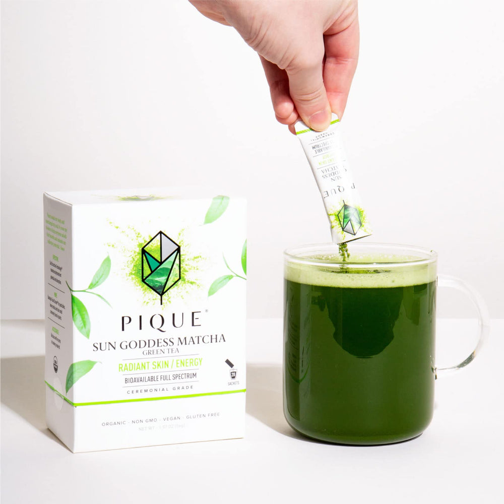 PIQUE Sun Goddess Matcha Kagoshima origin label, signaling authentic Japanese sourcing.