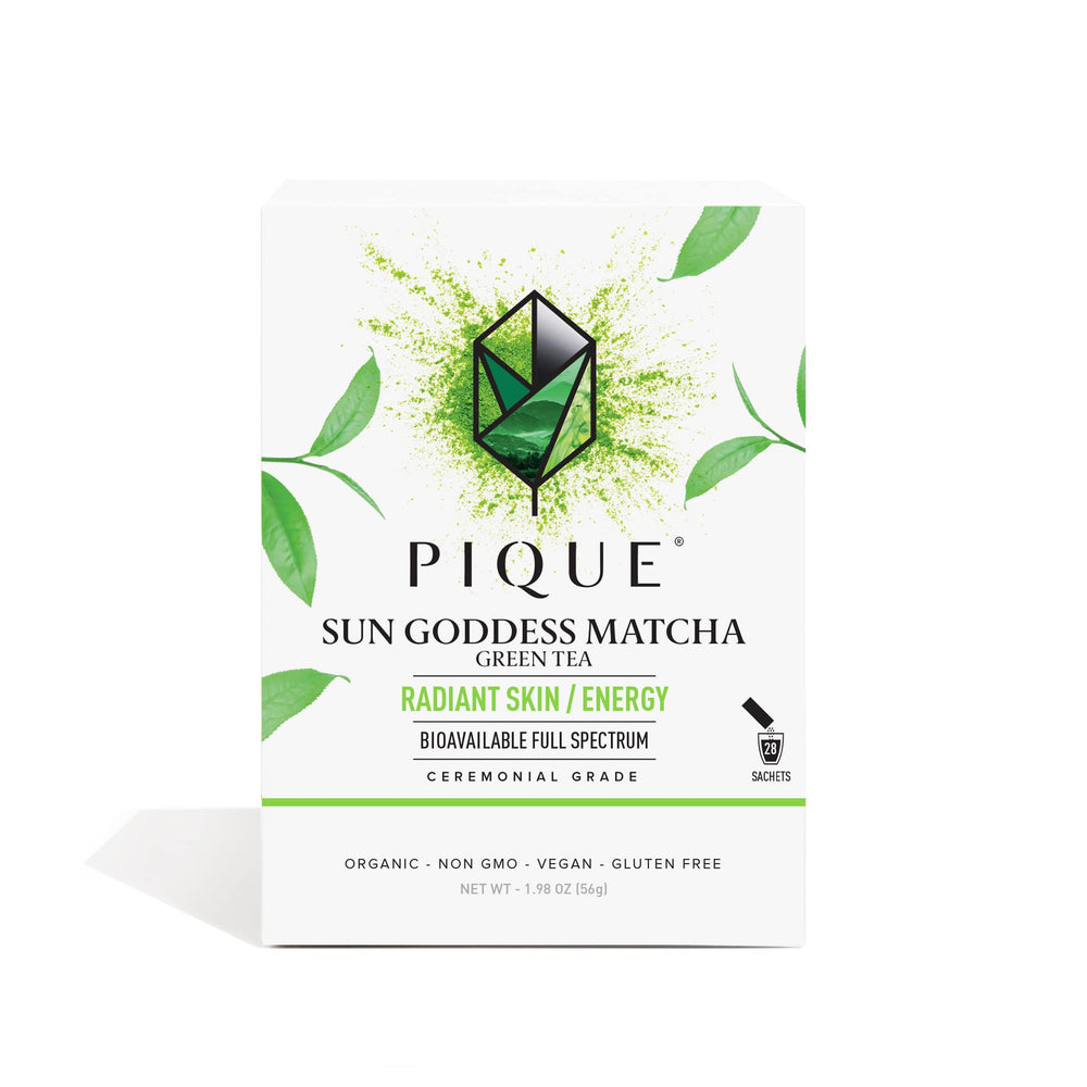 PIQUE Sun Goddess Matcha packaging shown, emphasizing organic quality for daily rituals.
