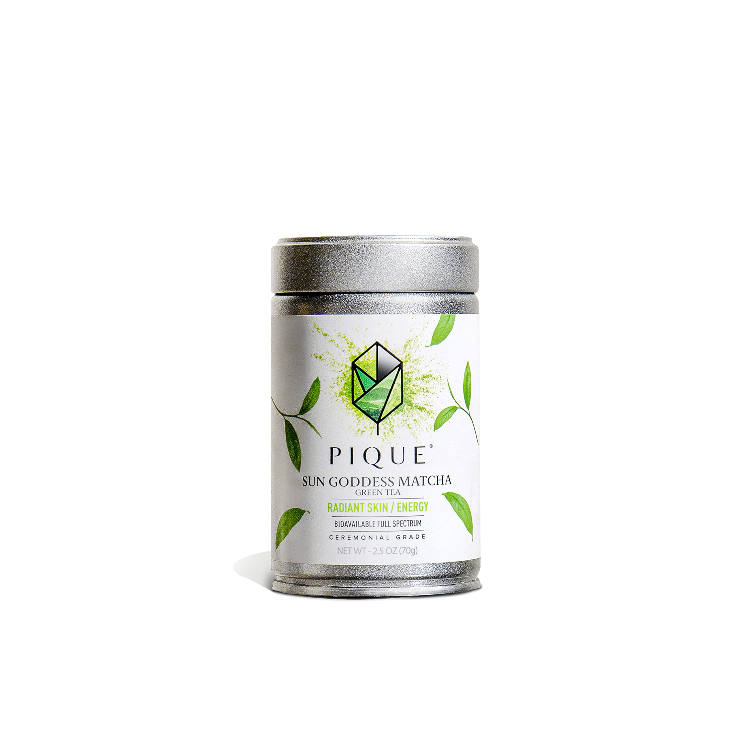 PIQUE Sun Goddess Matcha tin, vibrant ceremonial-grade powder for calm focus and energy.